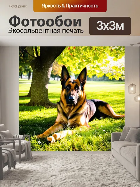 Фотообои немецкая овчарка, отдыхающая под деревом в парке, весенний день, солнечный свет пробивается сквозь листья