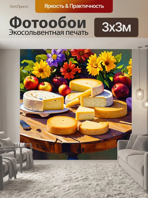 Фотообои стол с разнообразными сырными колесами