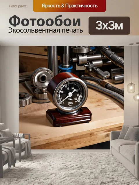 Фотообои вакуумметр, установленный на деревянном столе механической мастерской, окружённый инструментами и…