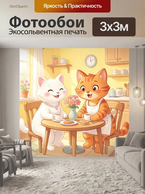 Фотообои Кошки за чаепитием на кухне