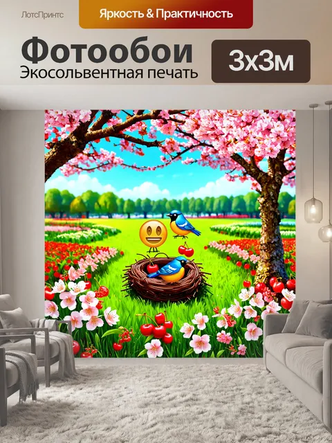 Фотообои "пейзаж пейзаж в стиле эмодзи: весенний сад с цветущими вишнями и птичьими гнёздами"