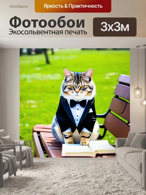 Фотообои кошка в смокинге, сидящая на лавочке в парке, с книгой в лапках