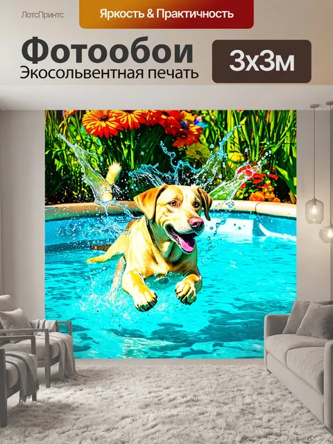 Фотообои лабрадор, с восторгом ныряющий в прохладный бассейн в жаркий летний день