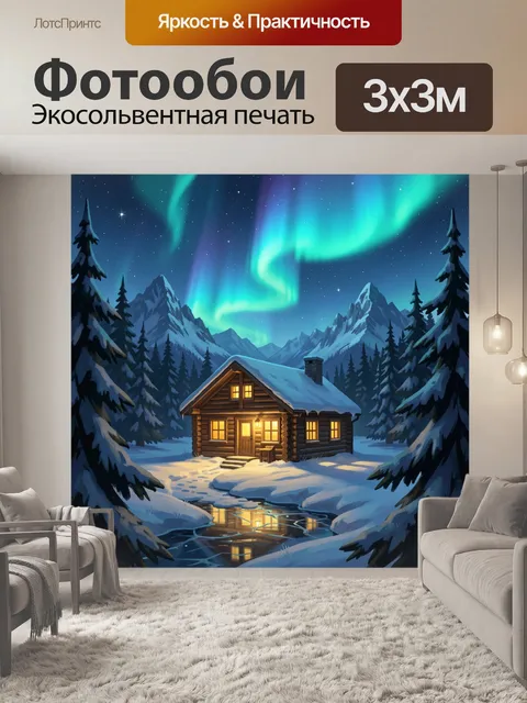 Фотообои Зимняя избушка под северным сиянием