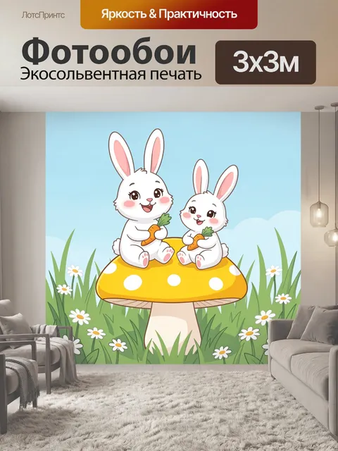 Фотообои Два зайчонка на мухоморе