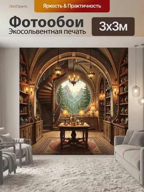Фотообои Гостиная в арке с горным пейзажем