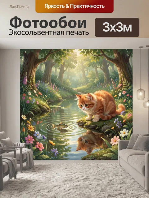 Фотообои Рыжий кот у лесного ручья