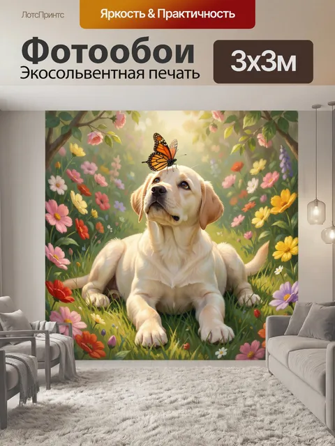 Фотообои Щенок с бабочкой в цветочном саду