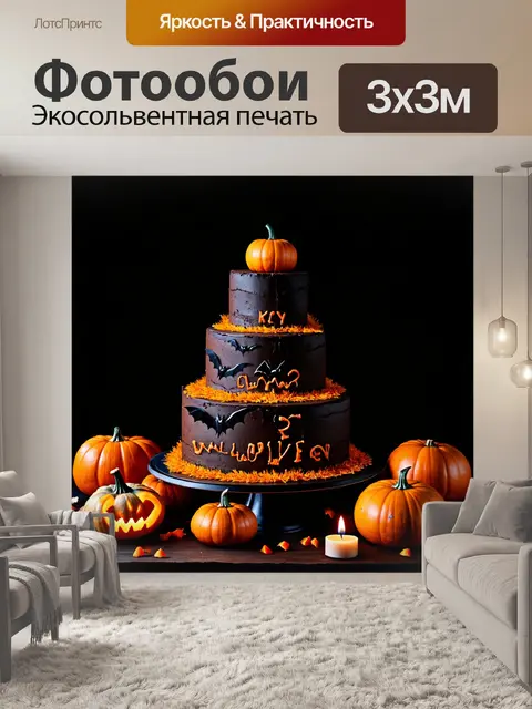 Фотообои Темный трехъярусный торт на Хэллоуин с черным кремом и декором из маленьких оранжевых тыкв и летучих мышей