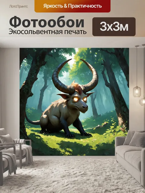 Фотообои в глубоком лесу скрывается мифическое существо с большими рожками и светящимися глазами