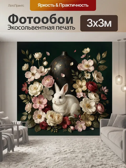 Фотообои Белый кролик среди цветов
