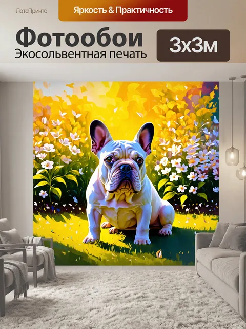 Фотообои величественный французский бульдог сидит на утреннем солнце на фоне цветущего сада