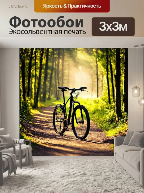 Фотообои велосипед на лесной тропе, с солнцем, пробивающимся сквозь деревья