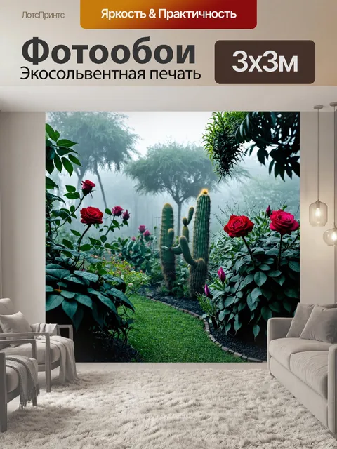 Фотообои туман в стиле готический: таинственный сад с розами и кактусами, обвитый утренним туманом