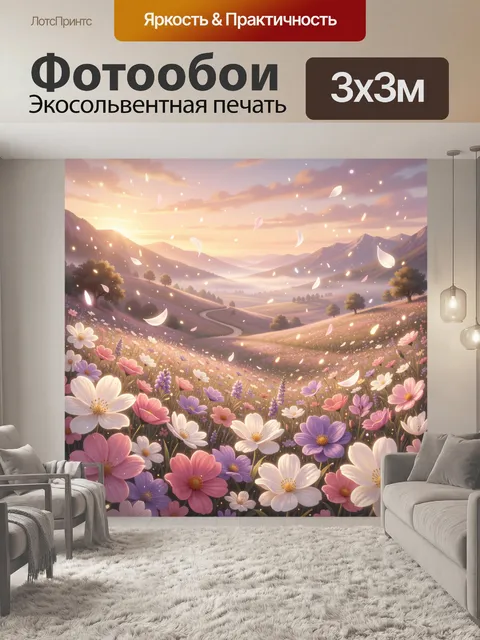 Фотообои Поле цветущих космей и диких цветов на переднем плане