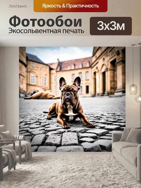 Фотообои величественный французский бульдог, лежащий на мостовой старинного города