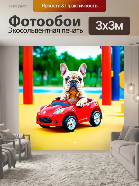 Фотообои французский бульдог, который управляет игрушечным автомобилем на детской площадке