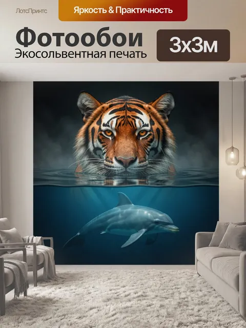 Фотообои Тигр и дельфин в воде