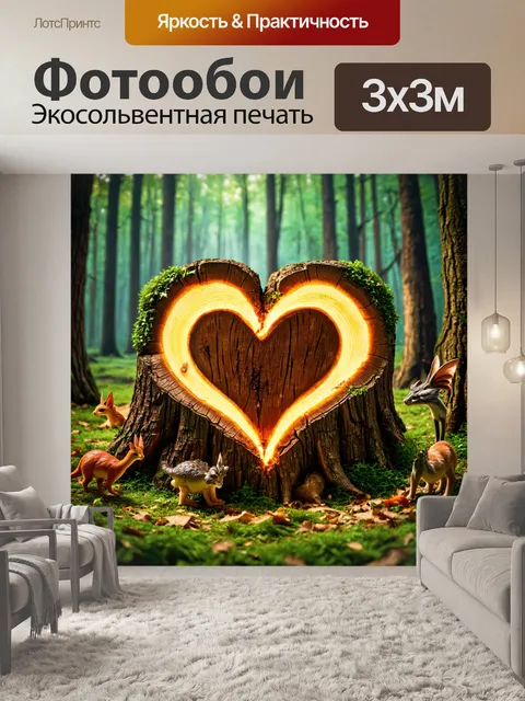 Фотообои сердце, сделанное из пней деревьев, окруженное сказочным лесом с волшебными существами