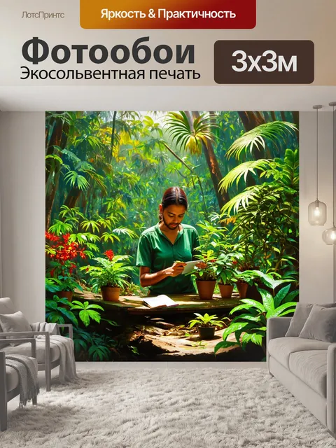 Фотообои ботаник, исследующий экзотические растения в тропическом лесу, детализация природы и яркие цвета окружающей…