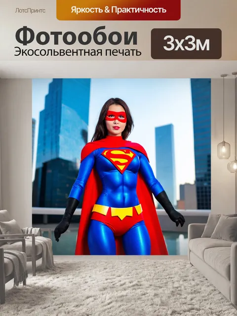 Фотообои актриса в костюме супергероя, позирующая на фоне городских небоскребов с энергией и уверенной позой