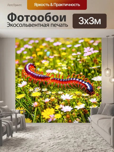 Фотообои животные в стиле психоделизм, изображающие сороконожек с множеством ярких ног, ползающих по цветущему лугу