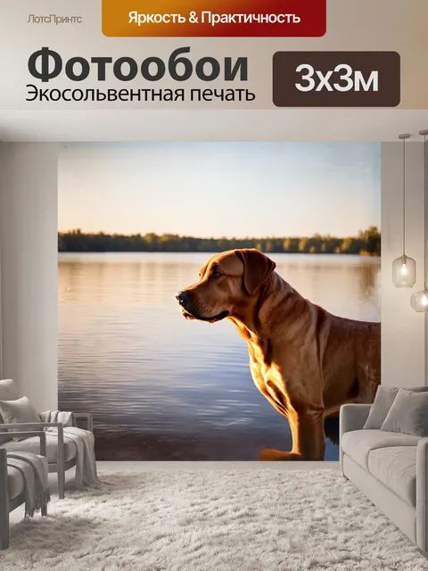 Фотообои лабрадор ретривер, в профиль, стоит на берегу живописного озера, отражающего пейзажи вокруг