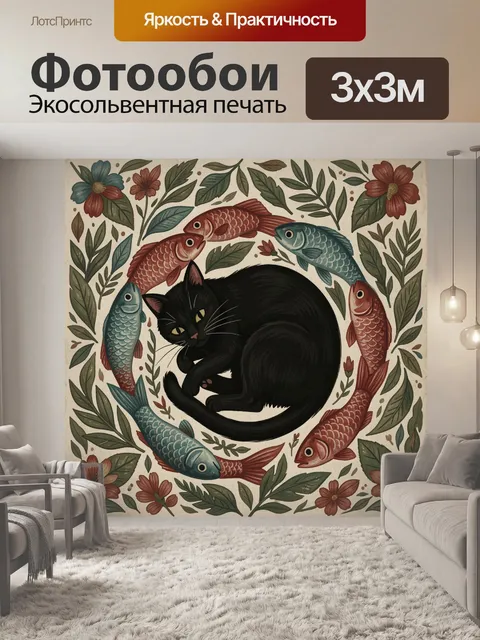Фотообои Чёрный кот среди рыб и цветов