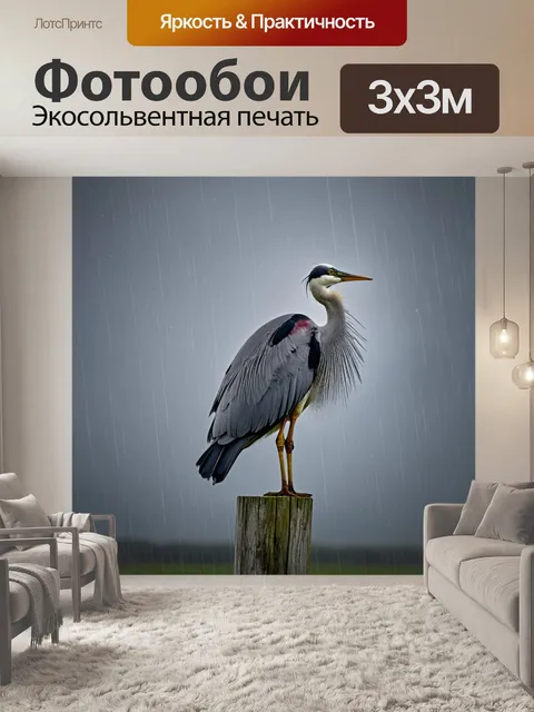 Фотообои журавль, сидящий на старом деревянном столбе под дождём, его перья сверкают от капель, в фоне серое небо и…