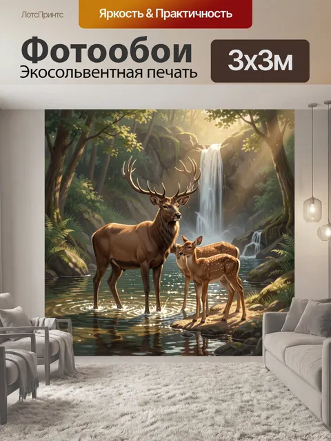 Фотообои Олень с оленятами у водопада