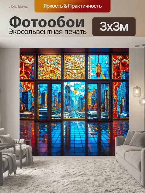 Фотообои город в стиле ретрофутуризм, где витражные окна отражают пейзаж будущего