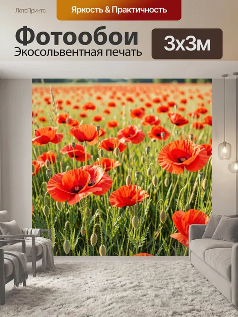 Фотообои Поле алых маков летом