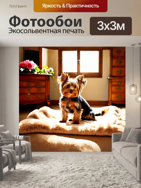 Фотообои йоркширский терьер, сидящий на мягком пледе, рассеивает солнечный свет, проникающий через окно