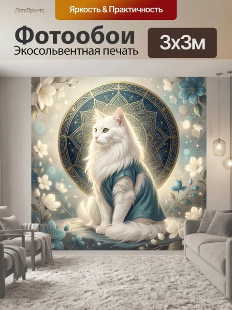 Фотообои Белая кошка в цветочном ореоле