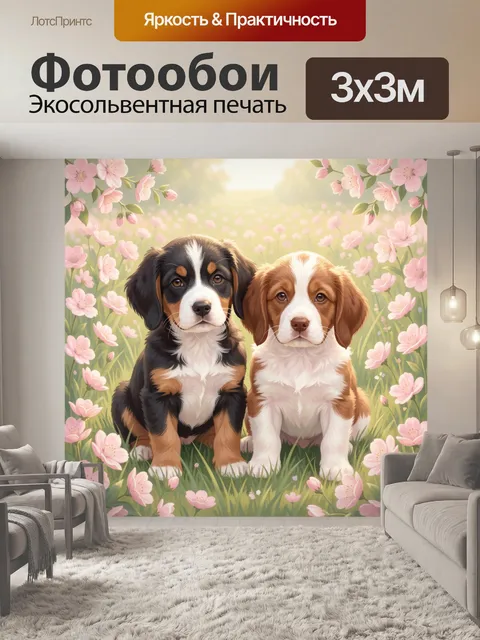 Фотообои Два щенка среди цветущего сада