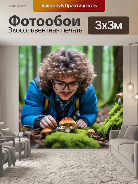 Фотообои ежик в очках, в лесу собирающий грибы