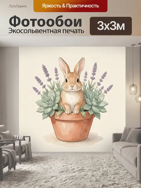 Фотообои Кролик в горшке с суккулентами