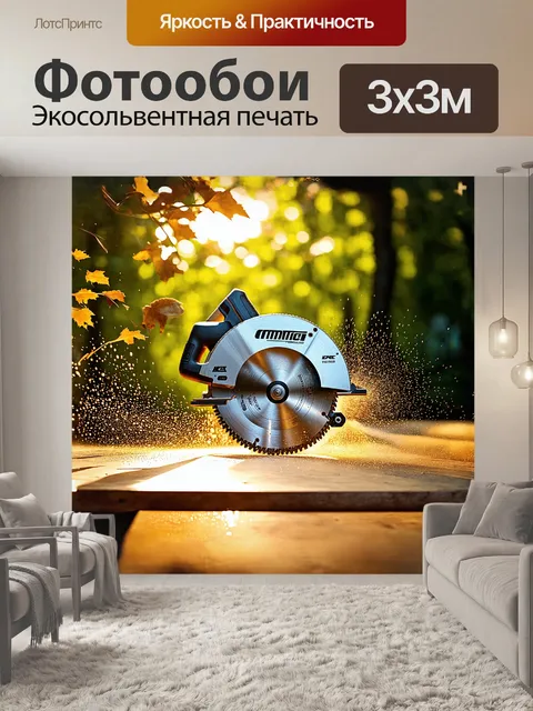 Фотообои на фоне зеленого леса, циркулярная пила замерла в процессе резки