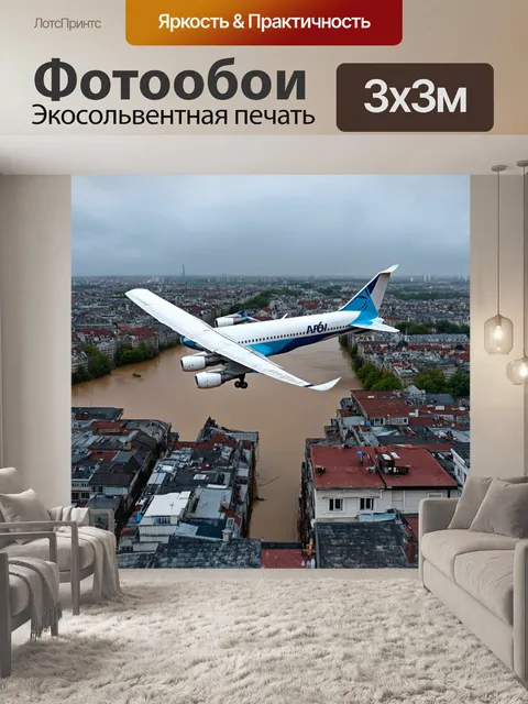 Фотообои самолет, плавающий над городом во время наводнения, с людьми на крышах домов