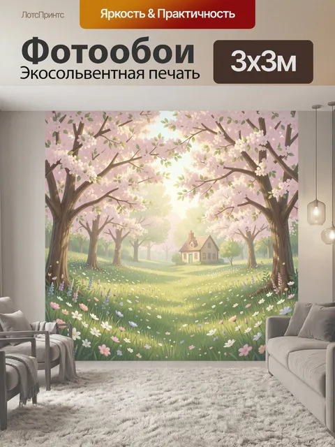 Фотообои Весенний сад с домиком