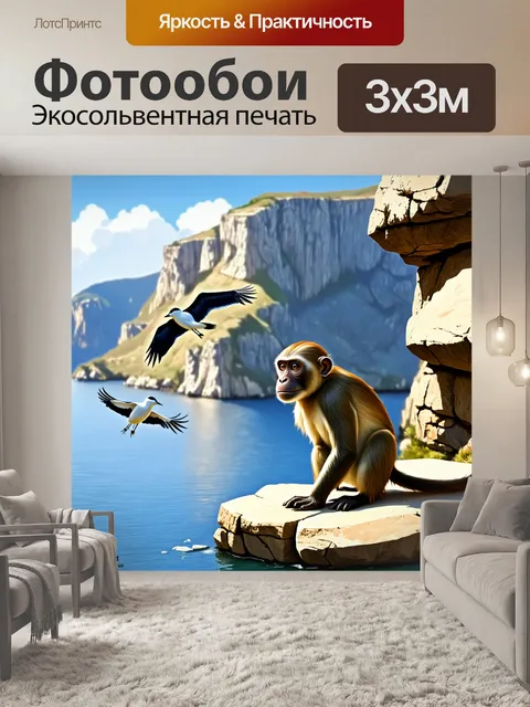 Фотообои обезьяна, на фоне глыбистых скал гибралтара, внимательно наблюдает за перелетными птицами