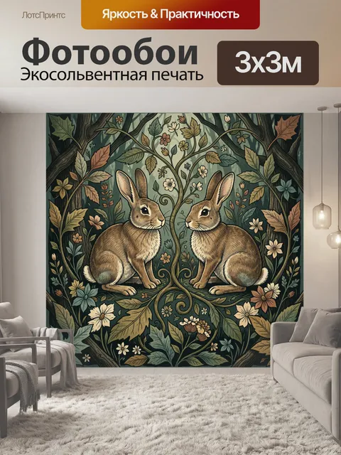 Фотообои Два зайца среди лесных цветов