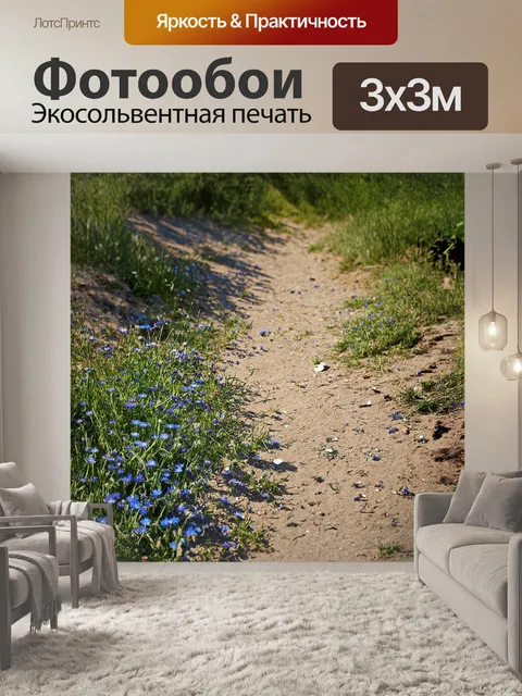 Фотообои васильки, разбросанные вдоль старой, заброшенной тропинки, создают контраст между природой и временем
