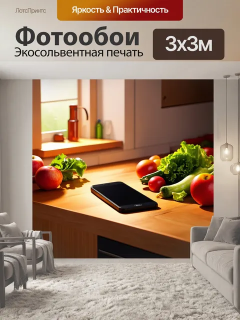 Фотообои повседневный момент, где беспроводной телефон лежит на кухонном столе среди свежих ингредиентов: овощей и…