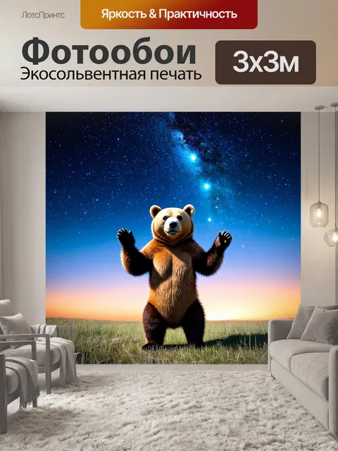 Фотообои медведь, стоящий на двух лапах, рассматривающий звезды ночью, под ясным небом с множеством звезд
