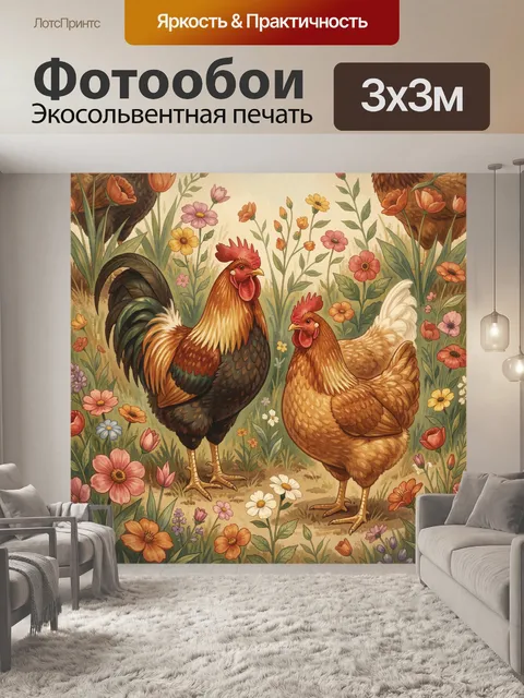 Фотообои Двое петухов среди луговых цветов