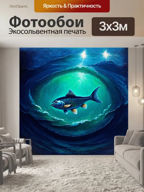 Фотообои в центре ночного моря резкий путь оставляет огромная рыба, изображенная в технике аэрографии