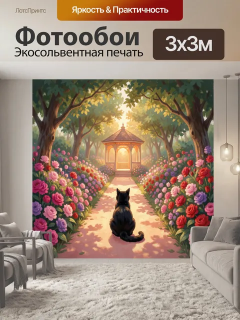 Фотообои Черный кот в цветущем саду