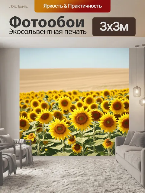 Фотообои пейзаж с бежевыми полями, на которых цветут желтые подсолнухи, под ярким небом
