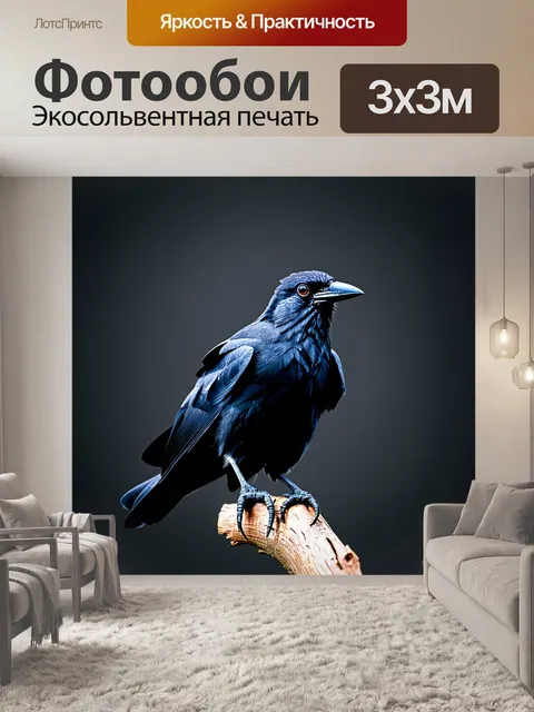 Фотообои темный фон, одиночный ворон, сидящий на ветке с яркими глазами